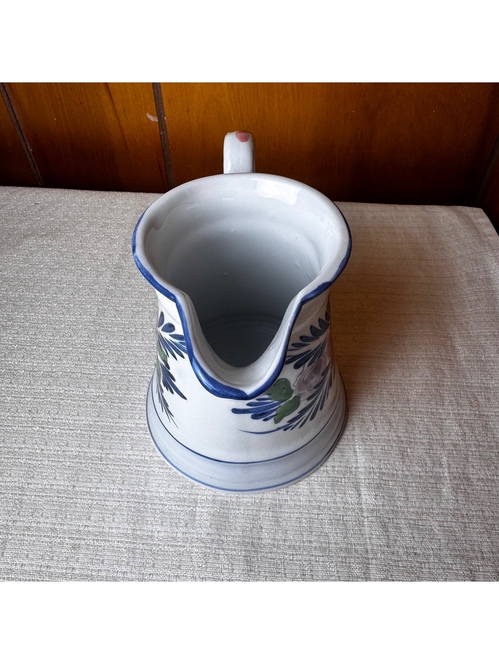 Vintage Hand Painted Floral Ceramic Pitcher Creamer Blue Trim 5 Inch Cottage - Picture 6 of 8